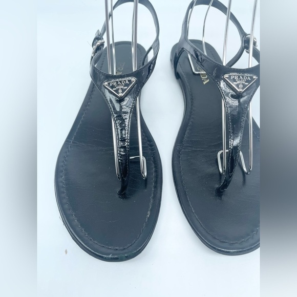 Prada Black Patent leather triangle logo embellished T strap thong sandals EU 41 - Picture 3 of 11